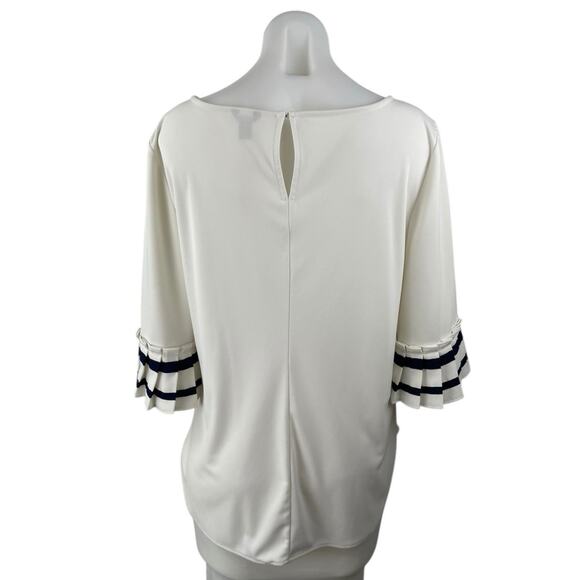 Ann Taylor White Black Half Sleeve Pleated Stripe Boat Neck Blouse Top Size M - Picture 2 of 5